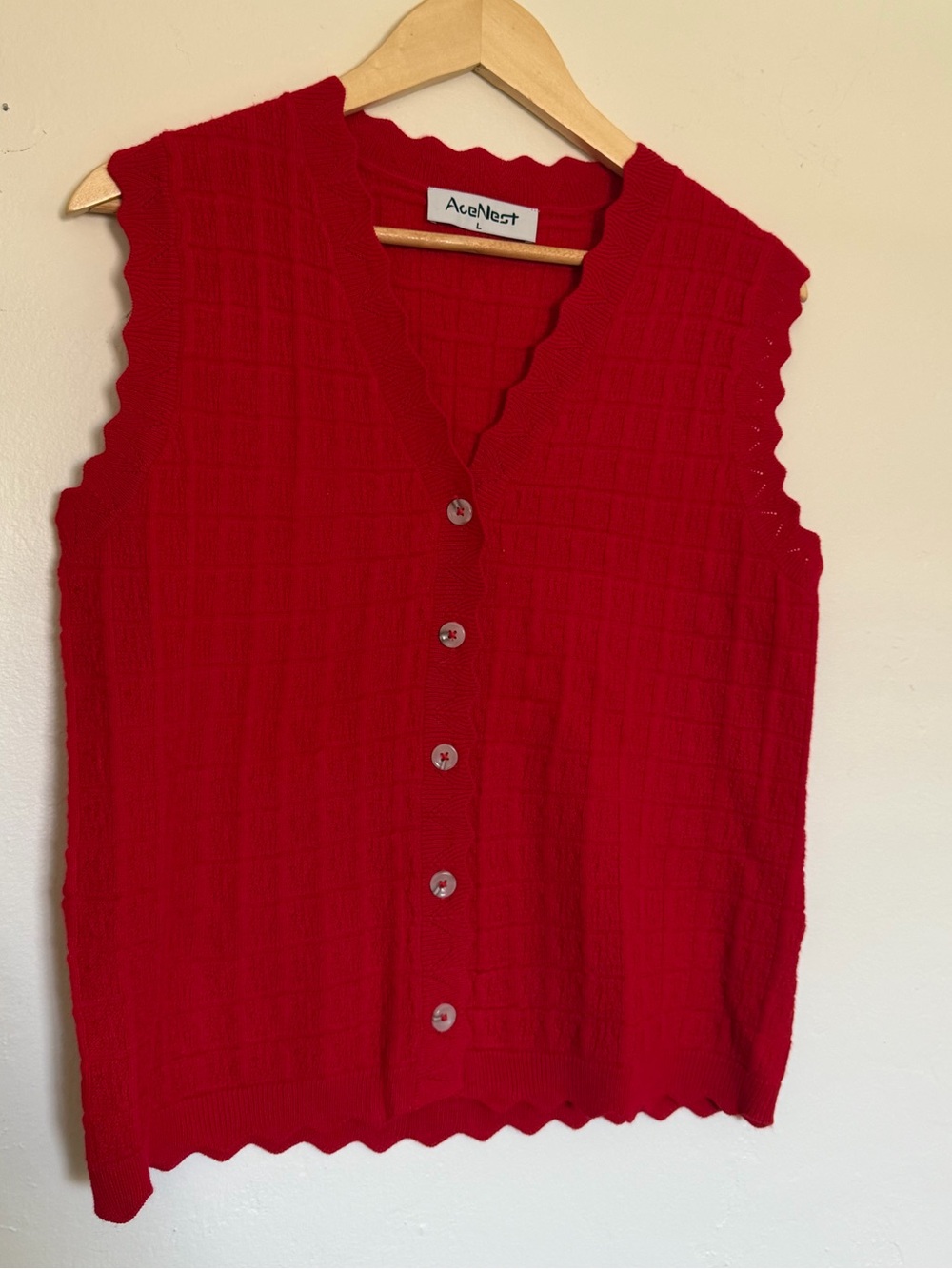Sleeveless Button-Front Knit Scalloped Red Sweater Vest
